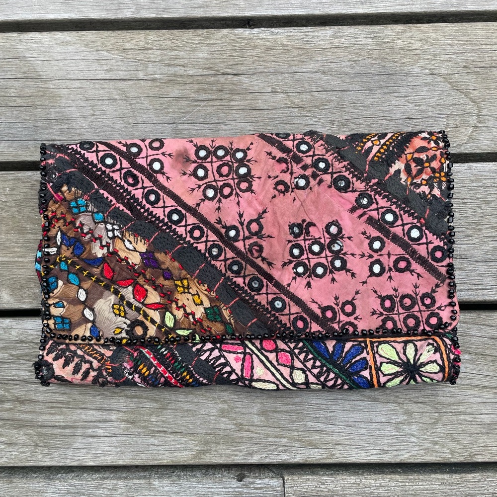 Embroidered Pink and Black Clutch